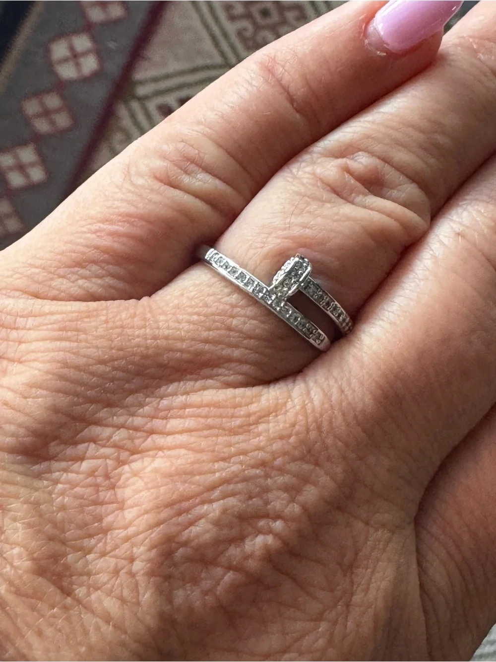 Brass Silver Tone Plate Cubic Zirconia Pave Nail Bypass Ring